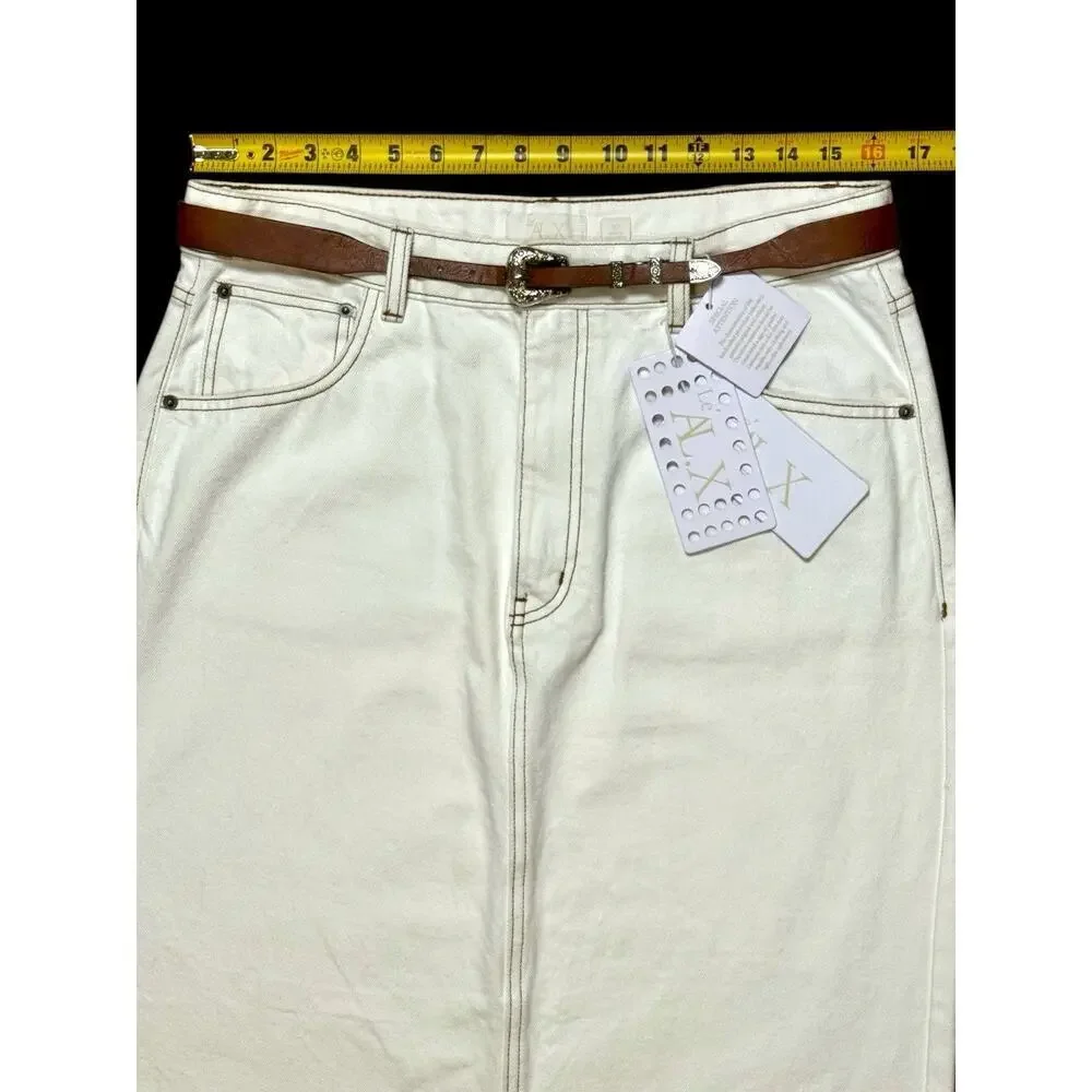 NEW Le' AL.X Ivory White Denim Pencil Maxi Skirt Contrast Stitch Back Slit 32 - Picture 3 of 12